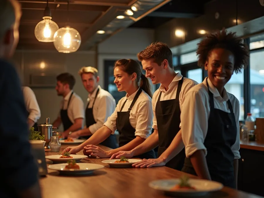 Diverse restaurant team members in collaborative setting or service moment.