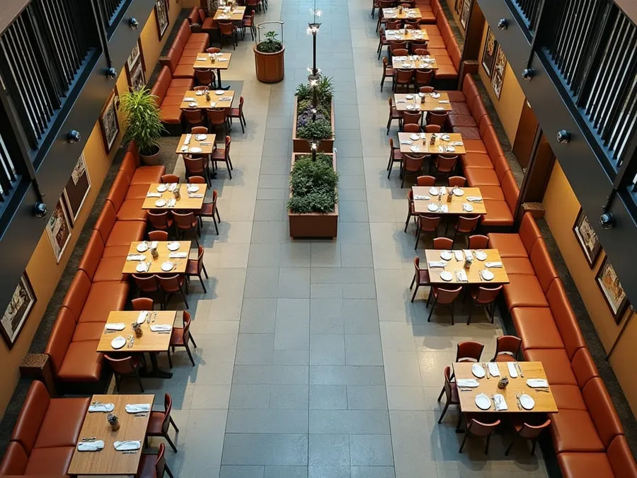 Overhead or elevated view of dining area showing table placement, traffic flow,.