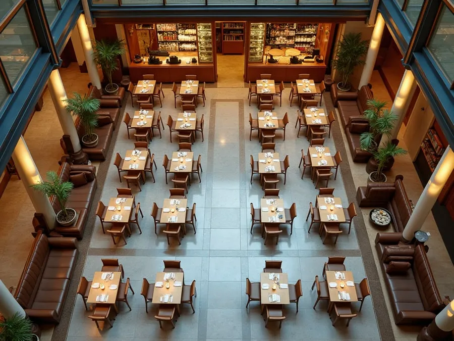 Overhead or elevated view of dining area showing table placement, traffic flow,.
