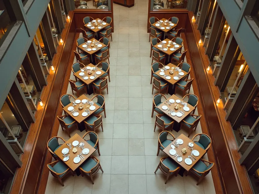 Overhead or elevated view of dining area showing table placement, traffic flow,.