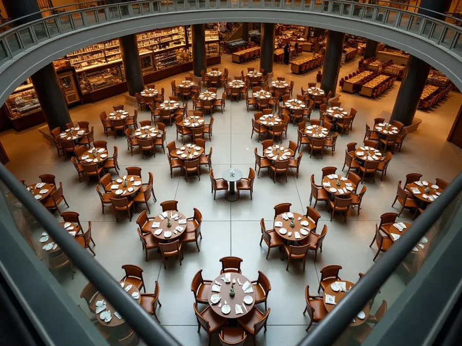 Overhead or elevated view of dining area showing table placement, traffic flow,.