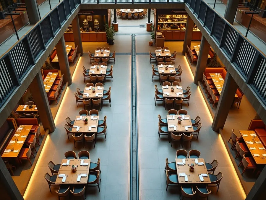 Overhead or elevated view of dining area showing table placement, traffic flow,.