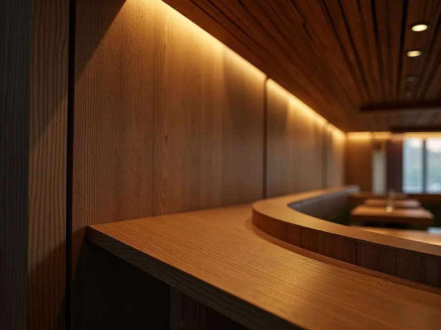 Detail of restaurant interior design element showing material quality and though.