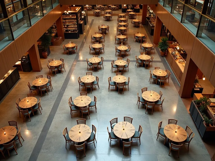 Overhead or elevated view of dining area showing table placement, traffic flow,.