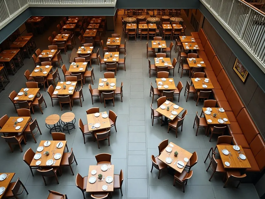 Overhead or elevated view of dining area showing table placement, traffic flow,.