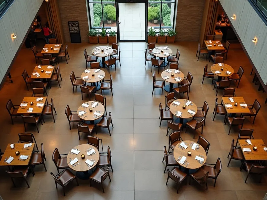 Overhead or elevated view of dining area showing table placement, traffic flow,.