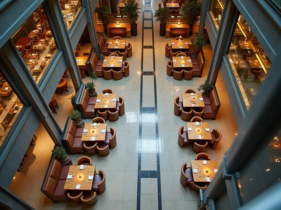Overhead or elevated view of dining area showing table placement, traffic flow,.