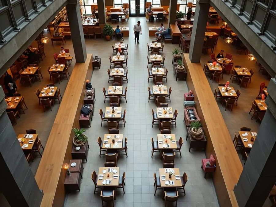 Overhead or elevated view of dining area showing table placement, traffic flow,.