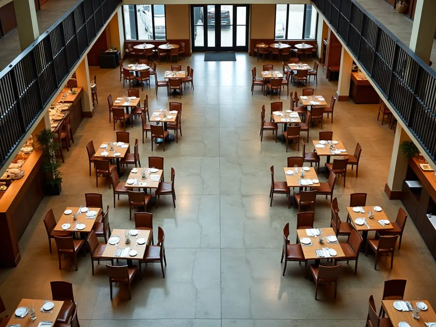 Overhead or elevated view of dining area showing table placement, traffic flow,.
