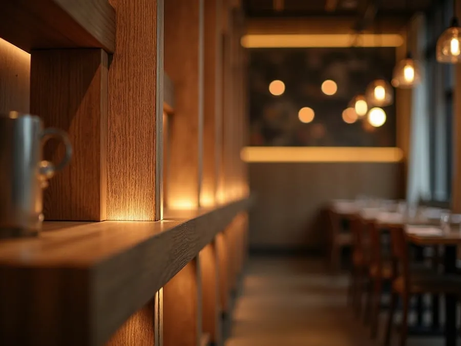 Detail of restaurant interior design element showing material quality and though.