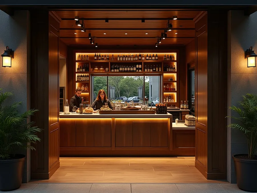 Restaurant entrance or host stand area photographed to show welcoming design and.