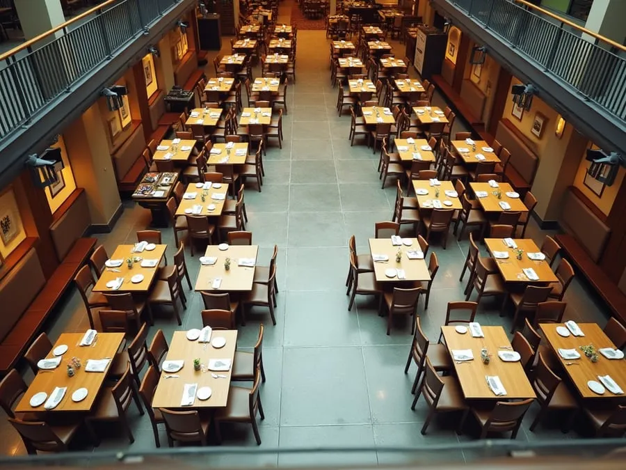 Overhead or elevated view of dining area showing table placement, traffic flow,.