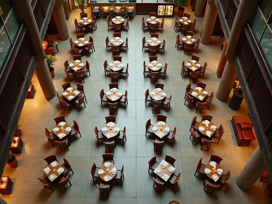 Overhead or elevated view of dining area showing table placement, traffic flow,.