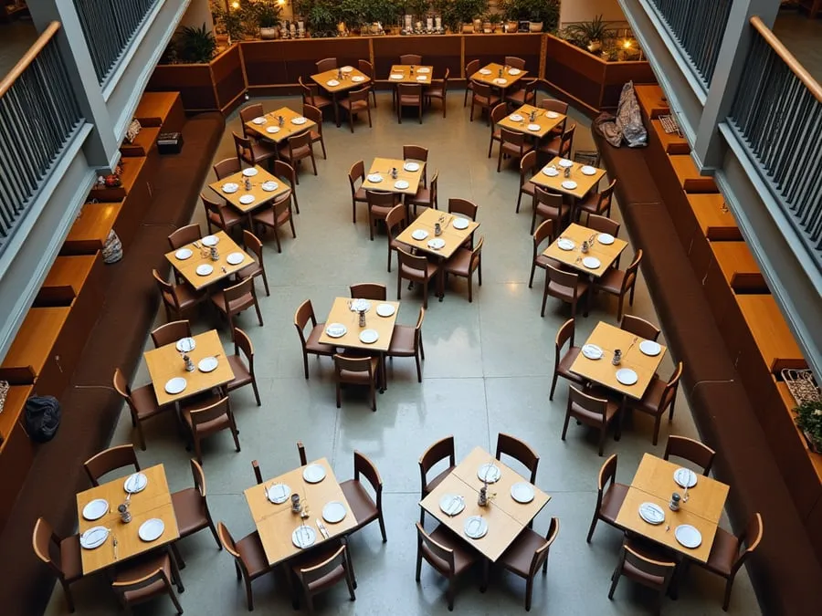 Overhead or elevated view of dining area showing table placement, traffic flow,.