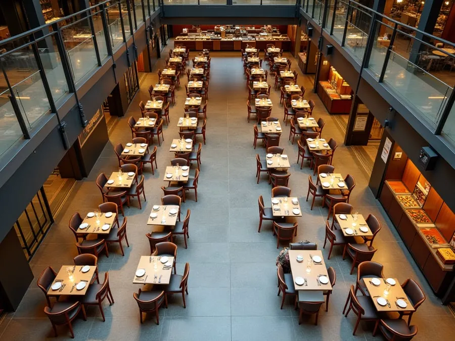 Overhead or elevated view of dining area showing table placement, traffic flow,.