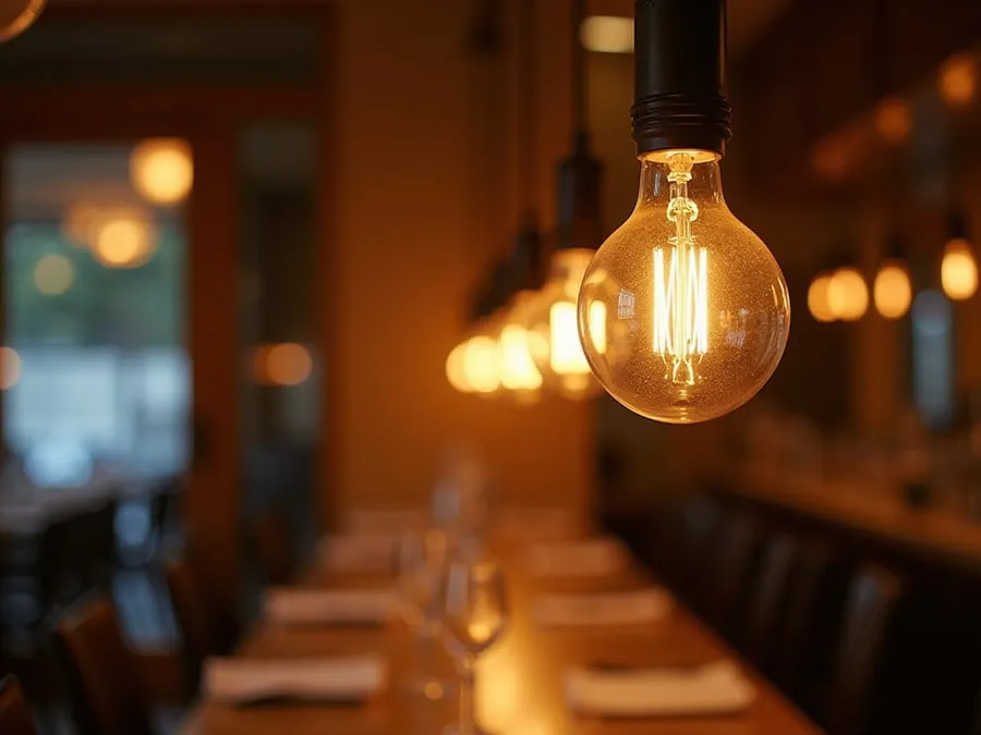 Detail shot of sophisticated lighting fixture installed in restaurant.