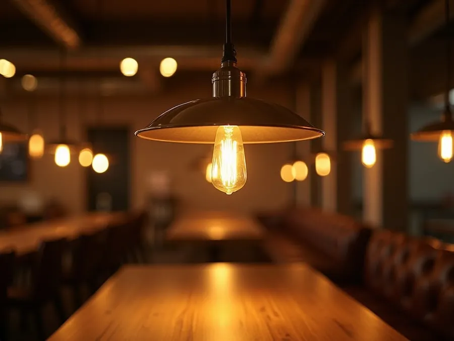 Detail shot of sophisticated lighting fixture installed in restaurant.