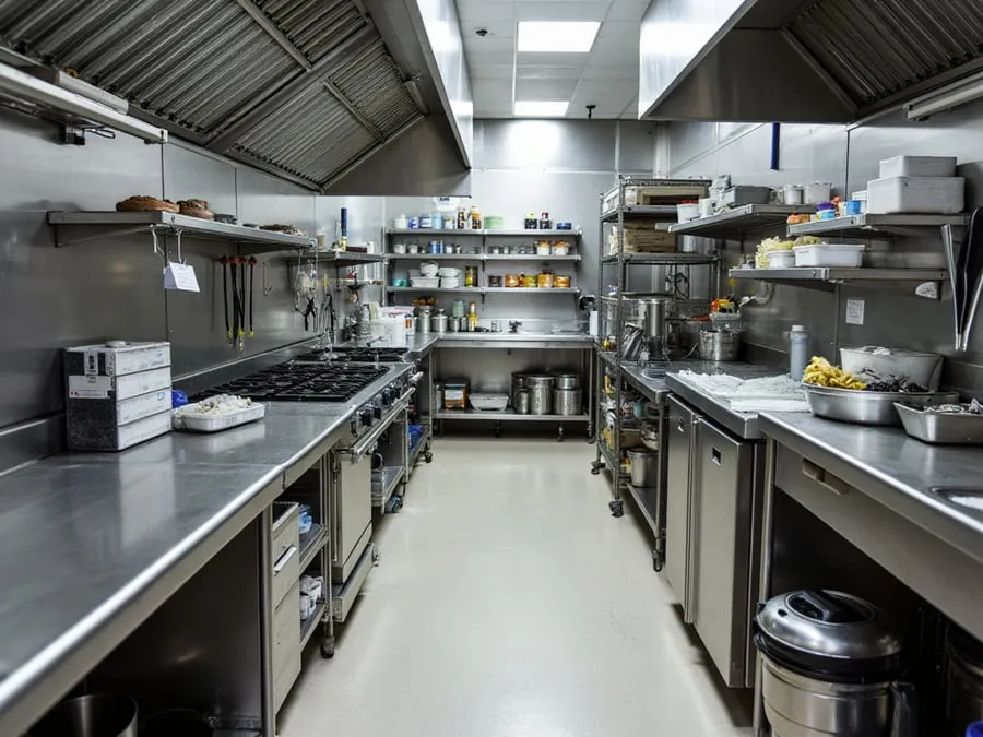 Detail of organized kitchen workspace showing equipment, storage, and workflow e.