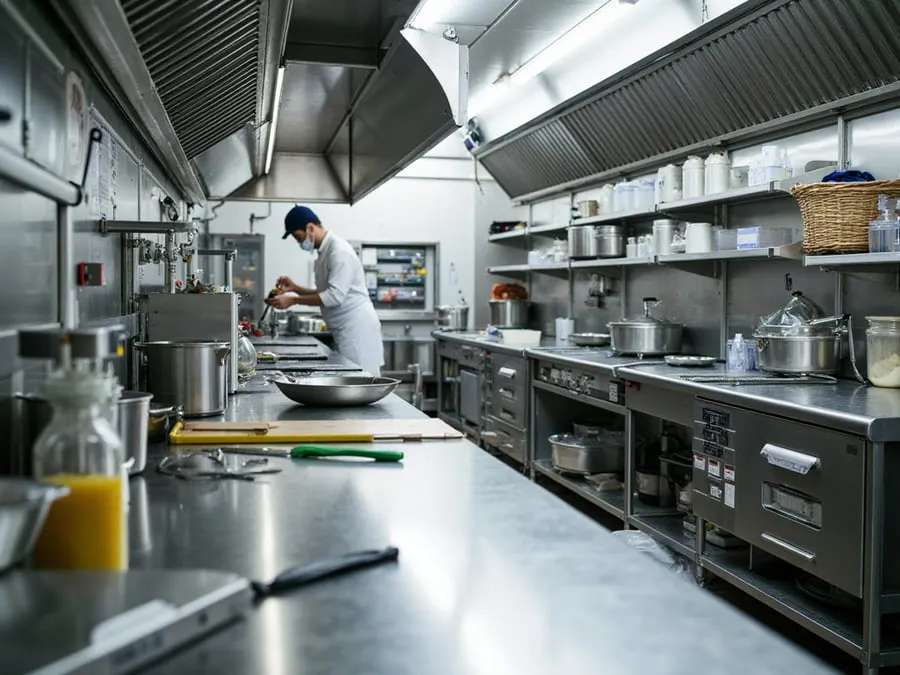 Detail of organized kitchen workspace showing equipment, storage, and workflow e.
