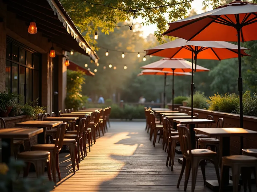 Outdoor dining area detail showing comfortable seating arrangement and protectio.