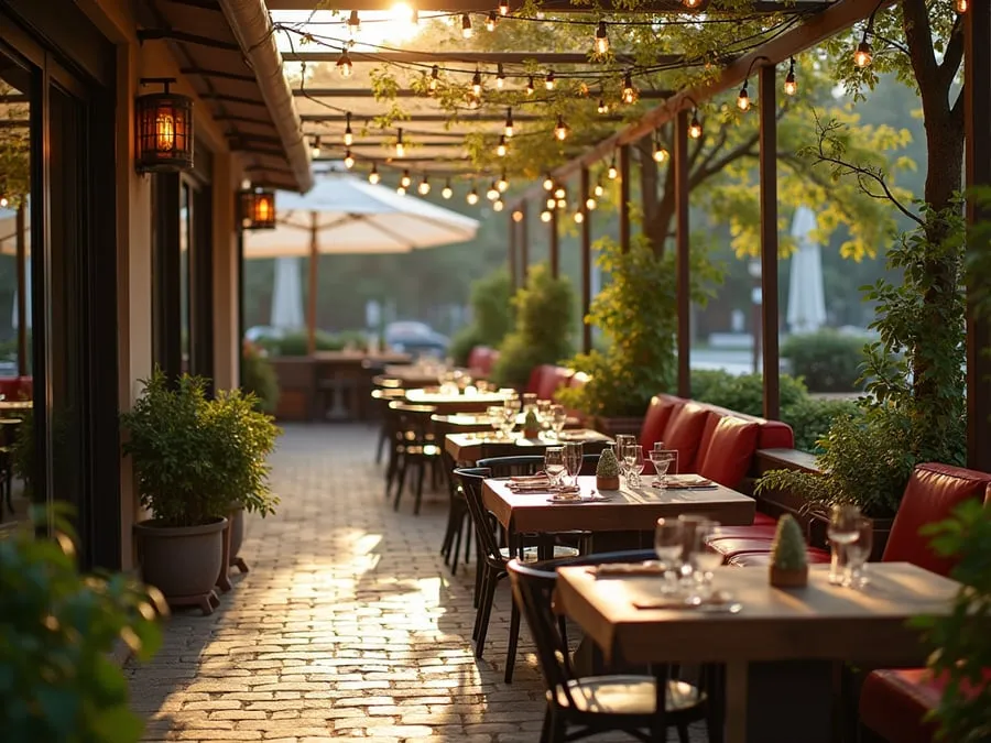 Outdoor dining area detail showing comfortable seating arrangement and protectio.