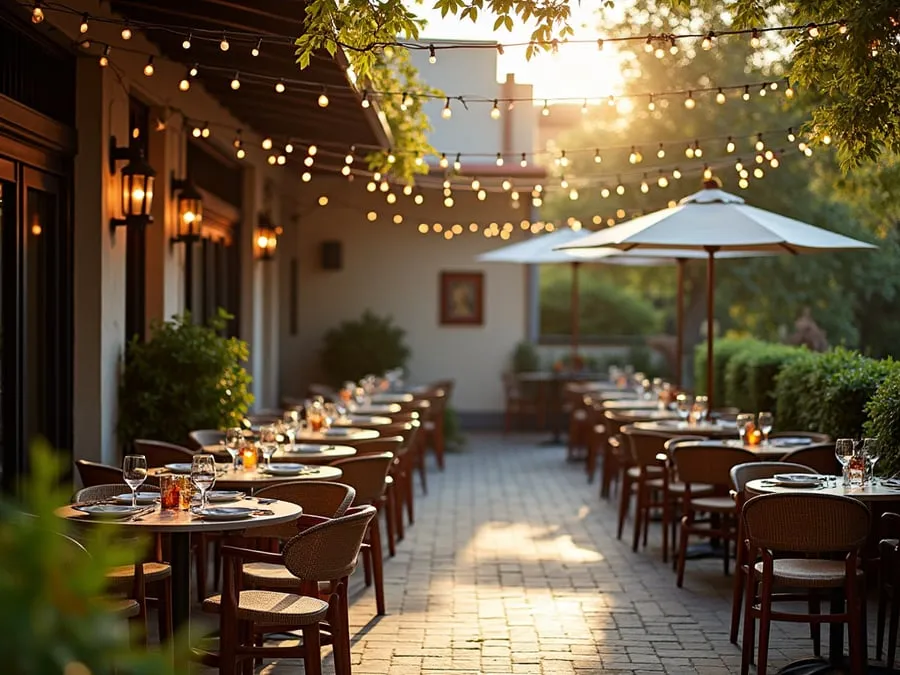 Outdoor dining area detail showing comfortable seating arrangement and protectio.
