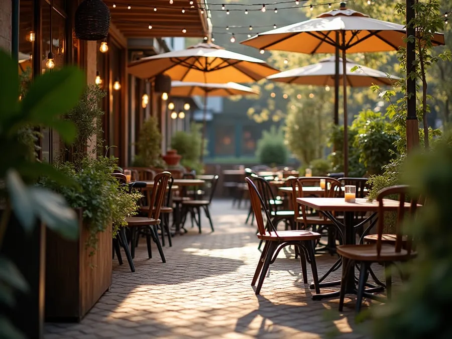 Outdoor dining area detail showing comfortable seating arrangement and protectio.