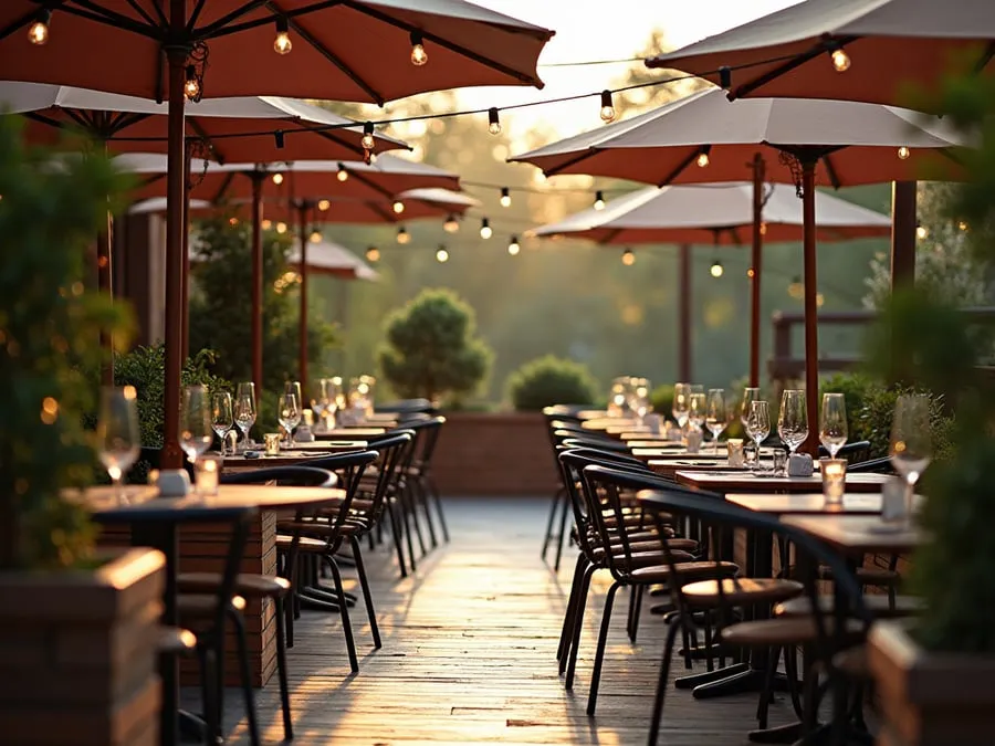 Outdoor dining area detail showing comfortable seating arrangement and protectio.