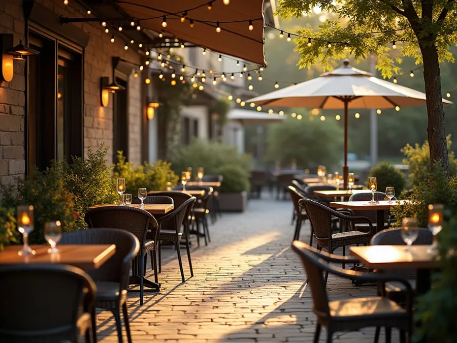 Outdoor dining area detail showing comfortable seating arrangement and protectio.