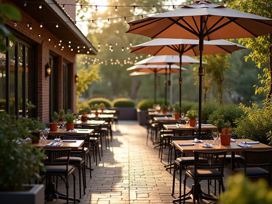 Outdoor dining area detail showing comfortable seating arrangement and protectio.