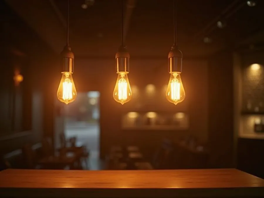 Detail shot of sophisticated lighting fixture installed in restaurant.