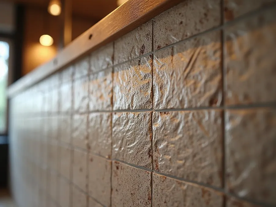 Close-up detail of restaurant material - tile, wood, stone, or textured finish -.