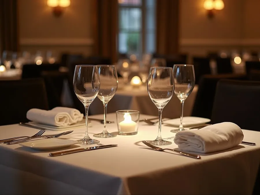Restaurant table setting showing arrangement and spacing.