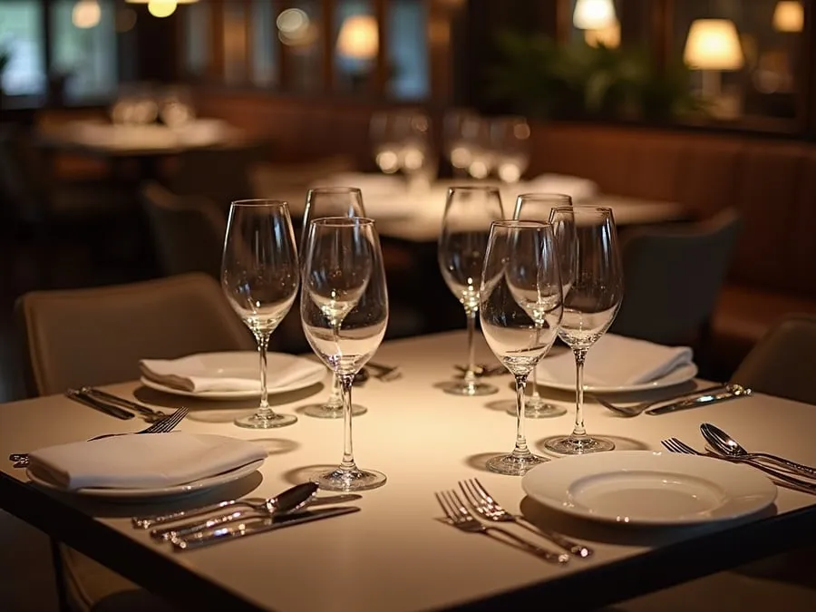 Restaurant table setting showing arrangement and spacing.