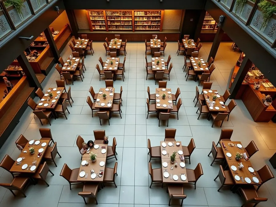 Overhead or elevated view of dining area showing table placement, traffic flow,.