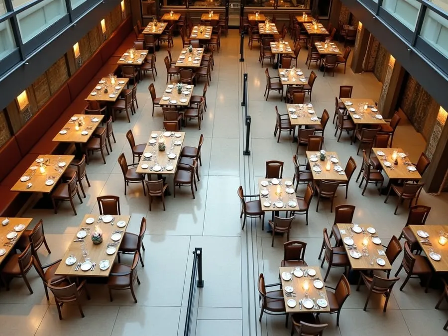 Overhead or elevated view of dining area showing table placement, traffic flow,.