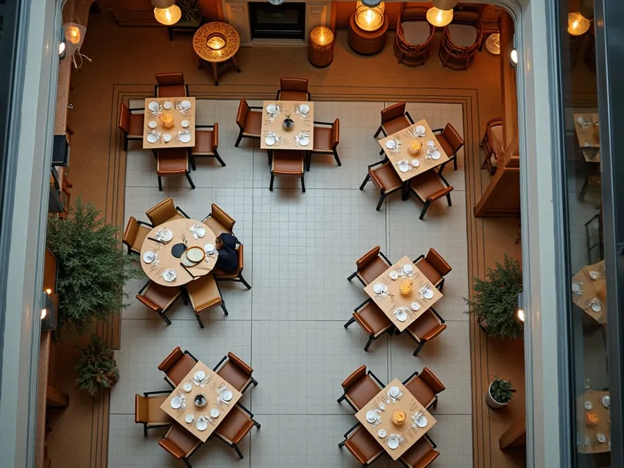 Overhead or elevated view of dining area showing table placement, traffic flow,.