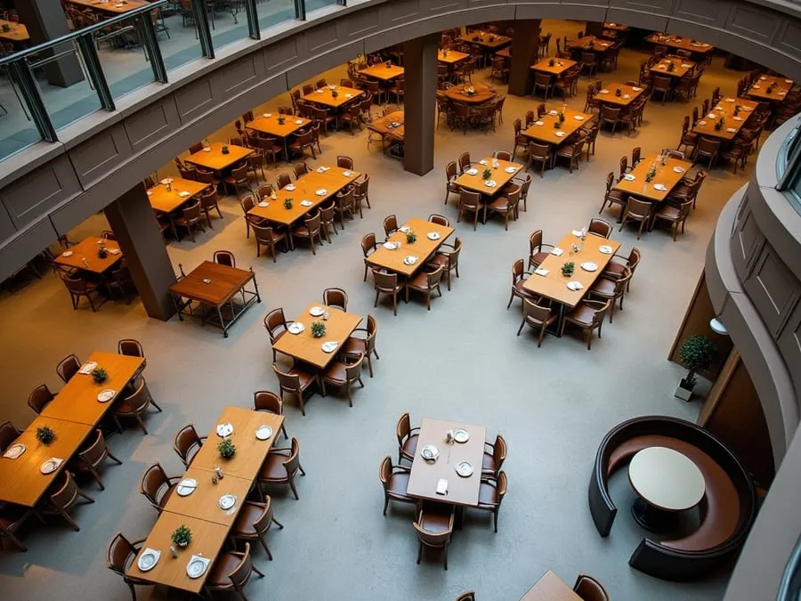 Overhead or elevated view of dining area showing table placement, traffic flow,.