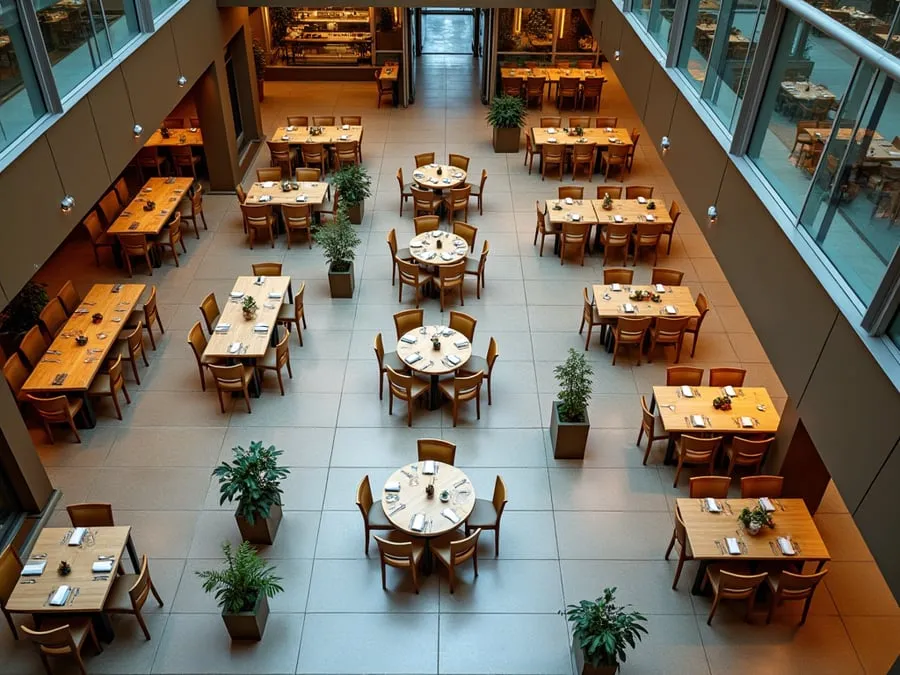 Overhead or elevated view of dining area showing table placement, traffic flow,.