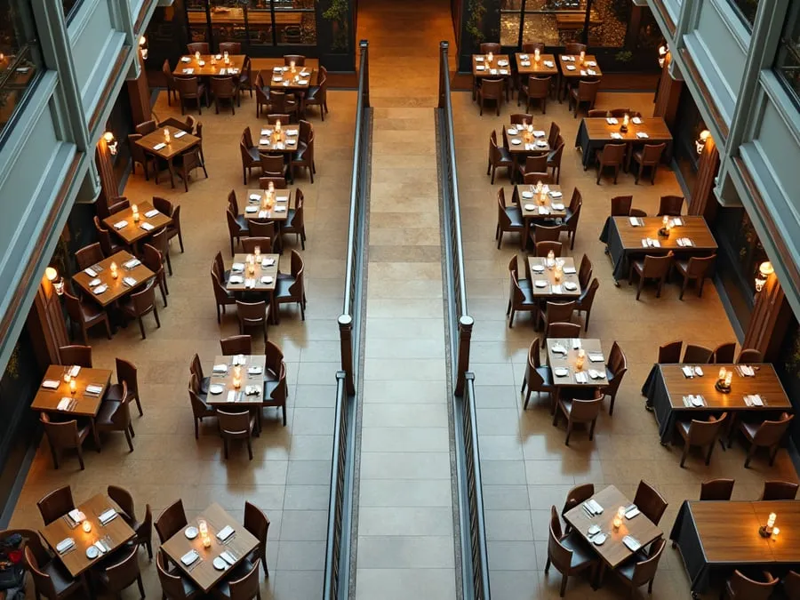 Overhead or elevated view of dining area showing table placement, traffic flow,.