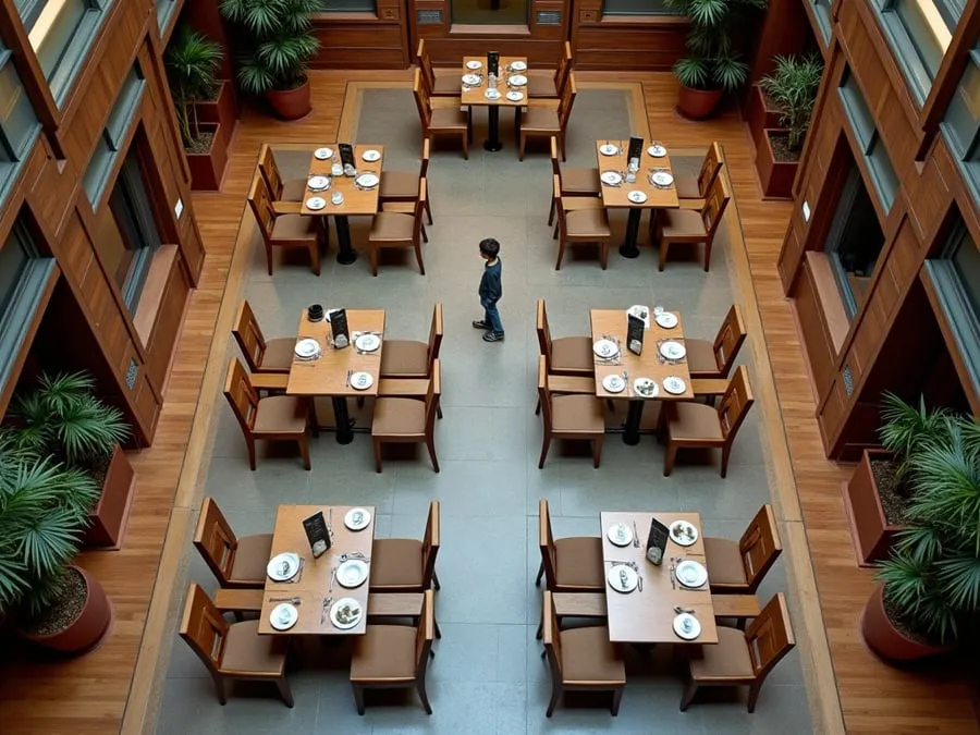 Overhead or elevated view of dining area showing table placement, traffic flow,.