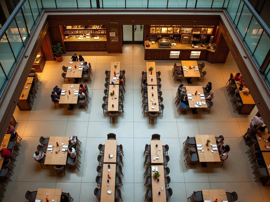 Overhead or elevated view of dining area showing table placement, traffic flow,.