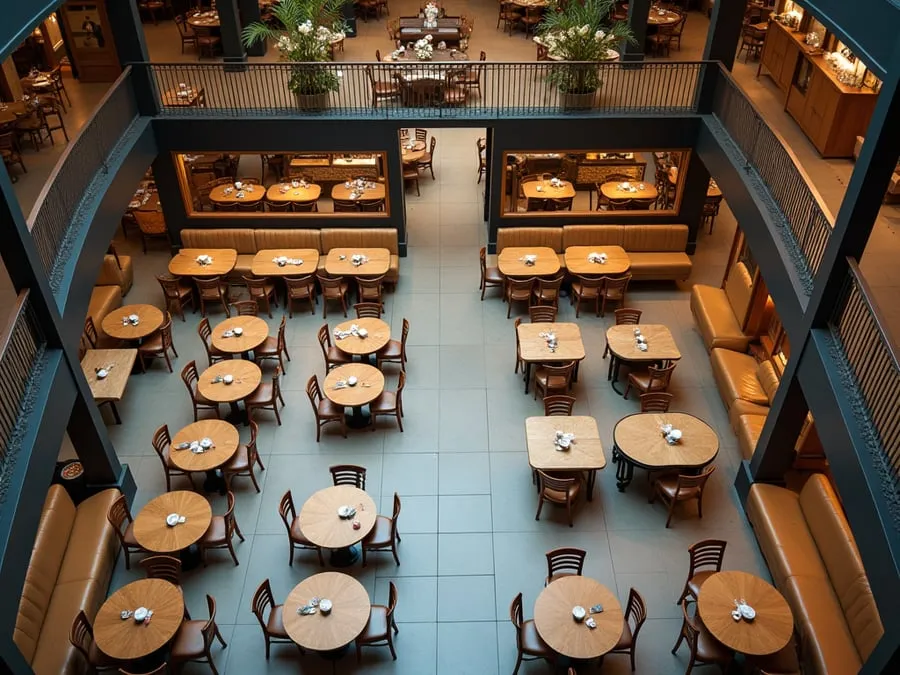 Overhead or elevated view of dining area showing table placement, traffic flow,.