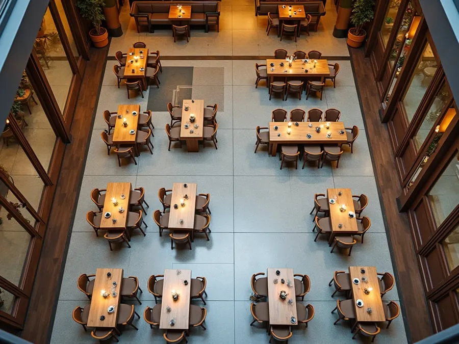 Overhead or elevated view of dining area showing table placement, traffic flow,.