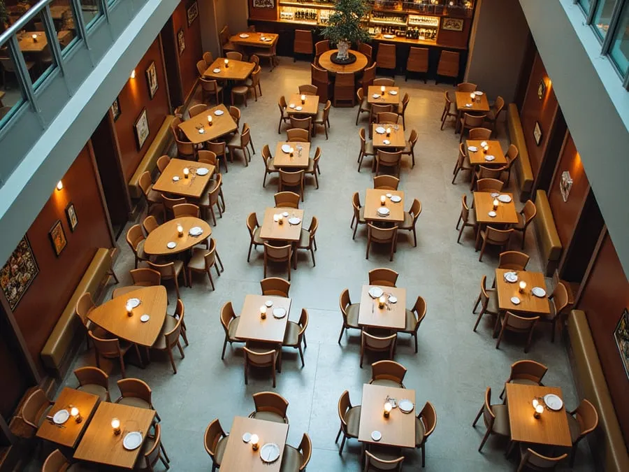 Overhead or elevated view of dining area showing table placement, traffic flow,.