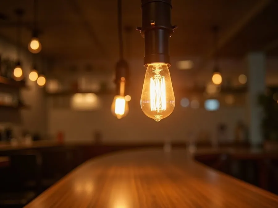 Detail shot of sophisticated lighting fixture installed in restaurant.
