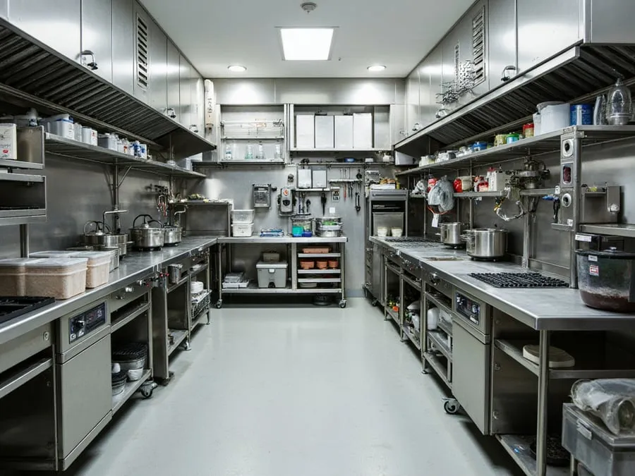 Detail of organized kitchen workspace showing equipment, storage, and workflow e.