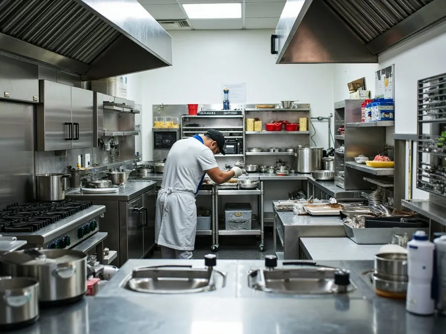 Detail of organized kitchen workspace showing equipment, storage, and workflow e.