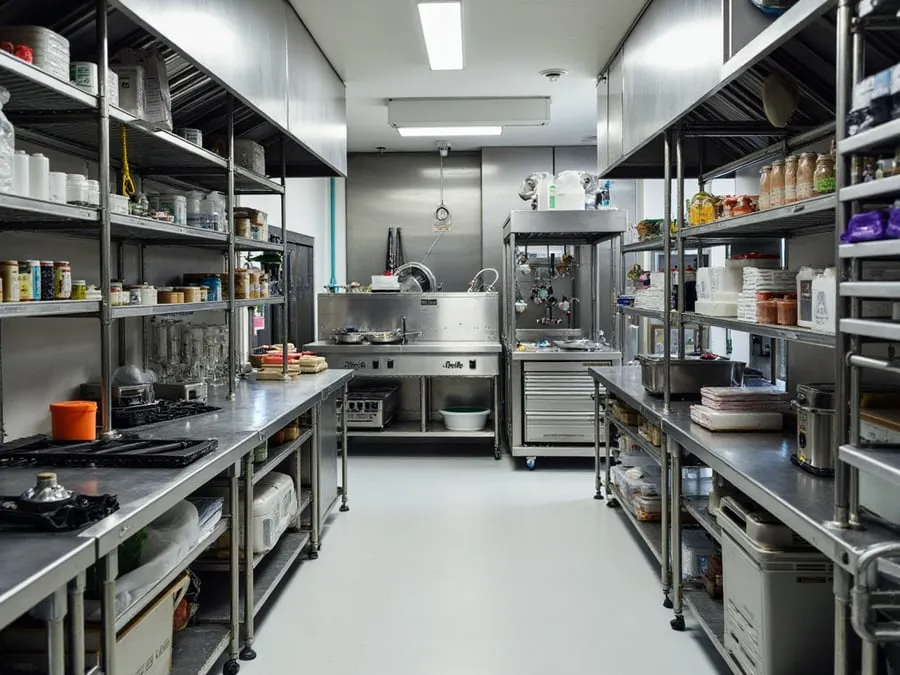 Detail of organized kitchen workspace showing equipment, storage, and workflow e.