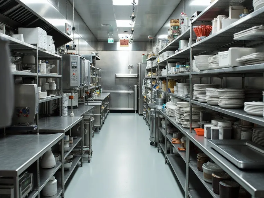 Detail of organized kitchen workspace showing equipment, storage, and workflow e.